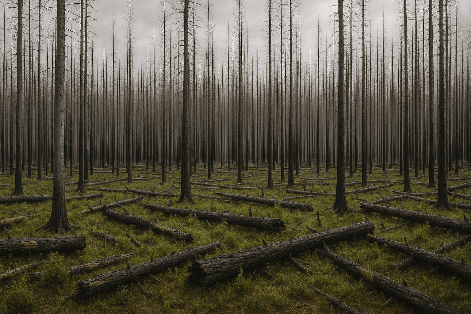 Verbrannter Wald mit verkohlten Baumstämmen, abgestorbenen Bäumen und umgestürztem Totholz – typische Kalamitätsholzfläche nach Waldbrand.