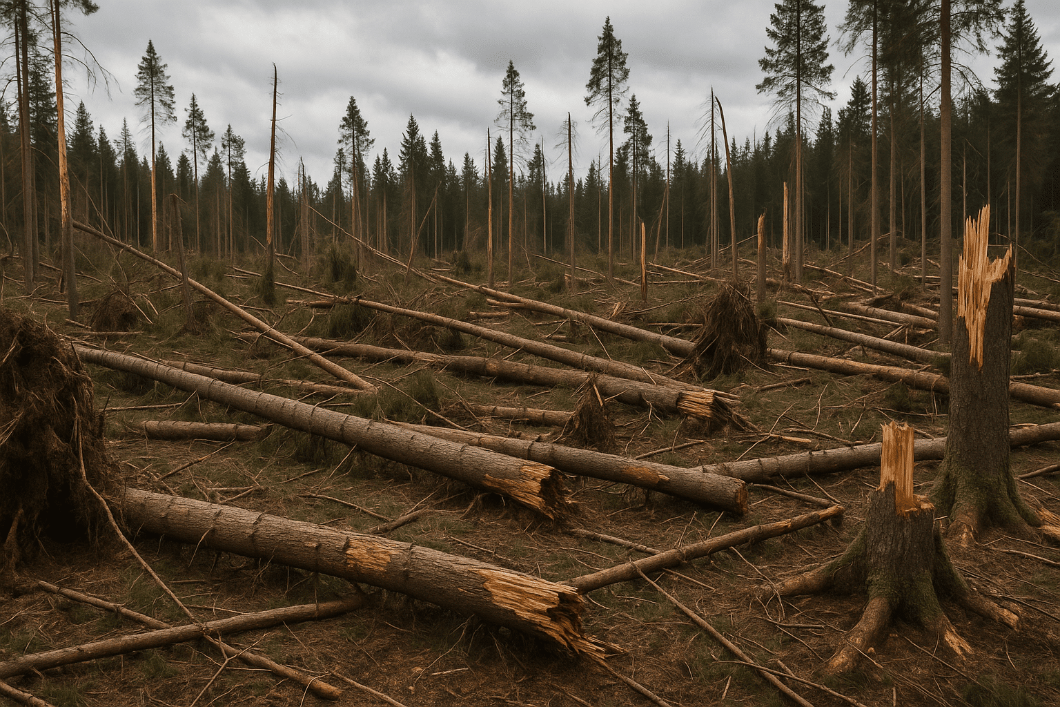 Sturmgeschädigter Wald mit umgestürzten Bäumen, gebrochenen Stämmen und freigelegten Wurzelballen.